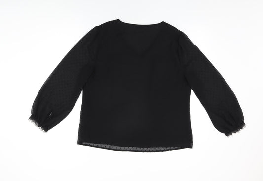 M&Co Womens Black Floral Polyester Basic Blouse Size 16 V-Neck