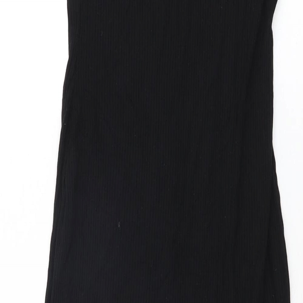 Brand and care label for ASOS women’s black polyester bodycon, size UK 8, off the shoulder snap