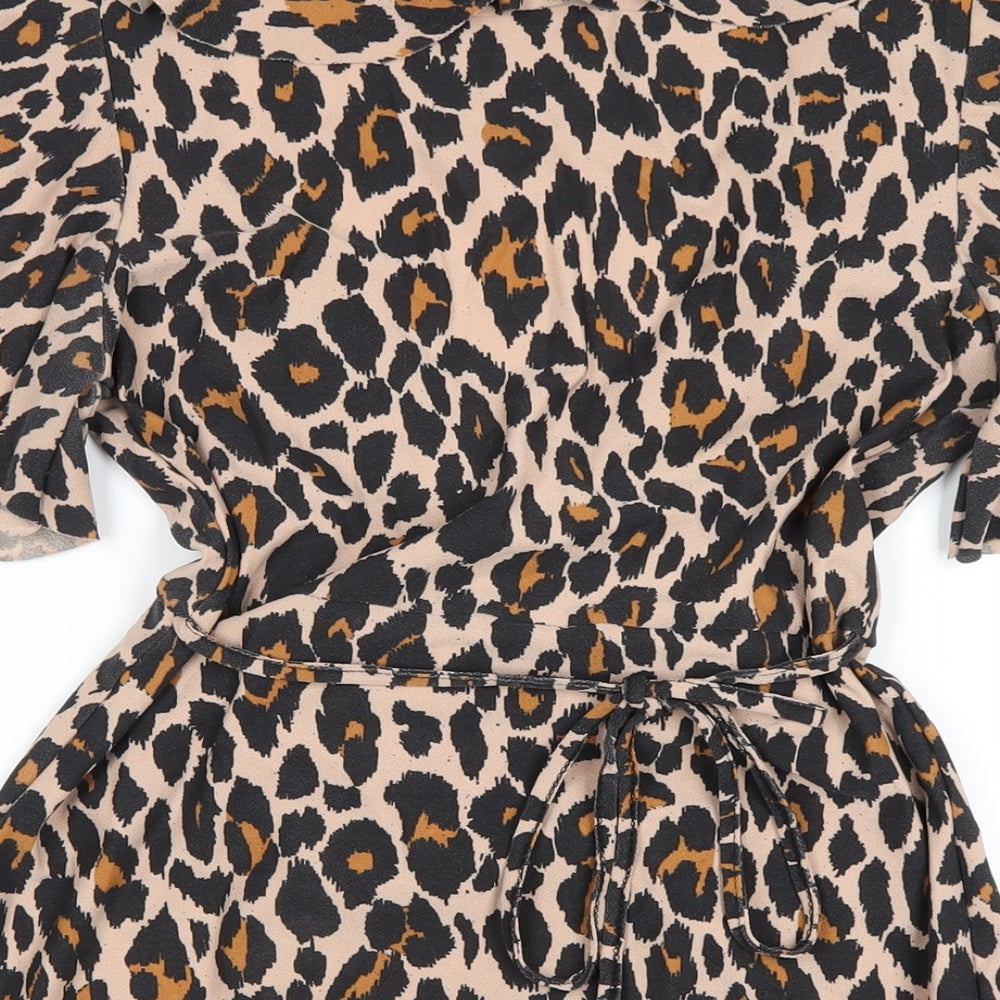 Boohoo Womens Brown Animal Print Polyester A-Line Size 12 V-Neck Pullover