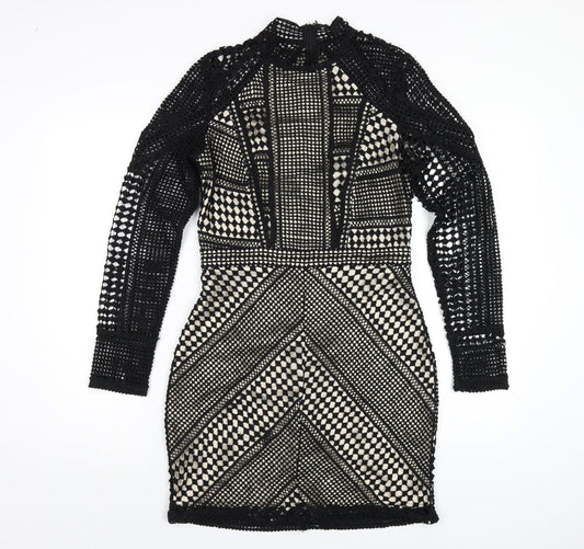 Additional front view of Missguided women’s black polyester bodycon, size UK 10, mock neck zip