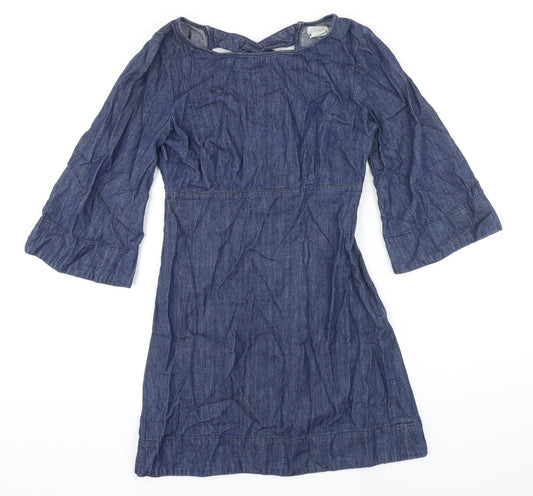 Additional front view of Cooperative women’s blue 100% cotton a-line, size XS, boat neck zip