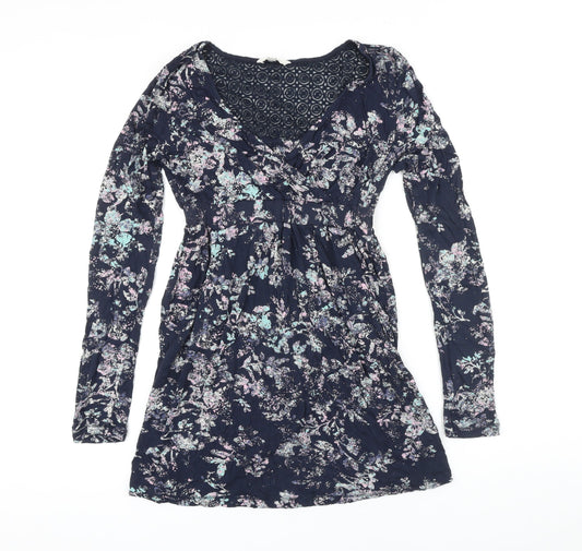 FatFace Womens Blue Floral Viscose A-Line Size 6 V-Neck