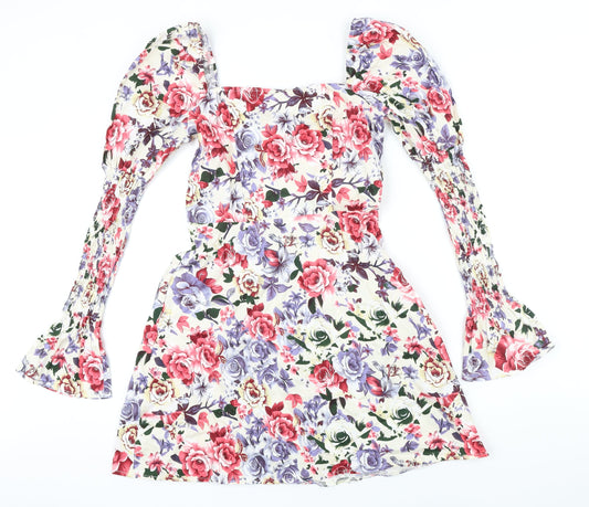 Additional front view of Missguided women’s multicoloured floral cotton a-line, size UK 10, square neck zip
