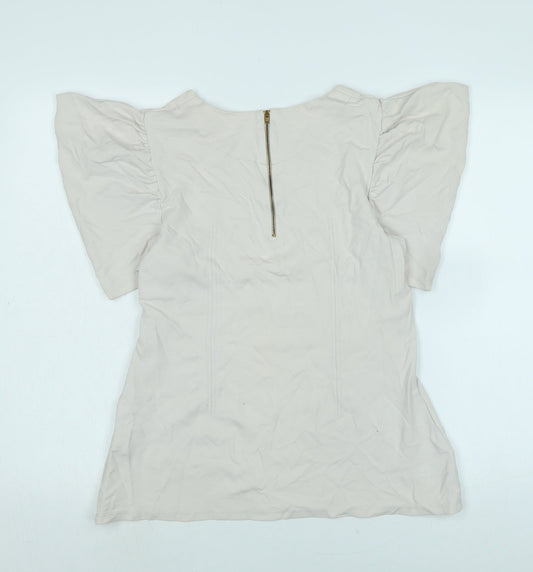 French Connection Womens Beige Cotton Jersey Blouse Size XL Crew Neck - Logo