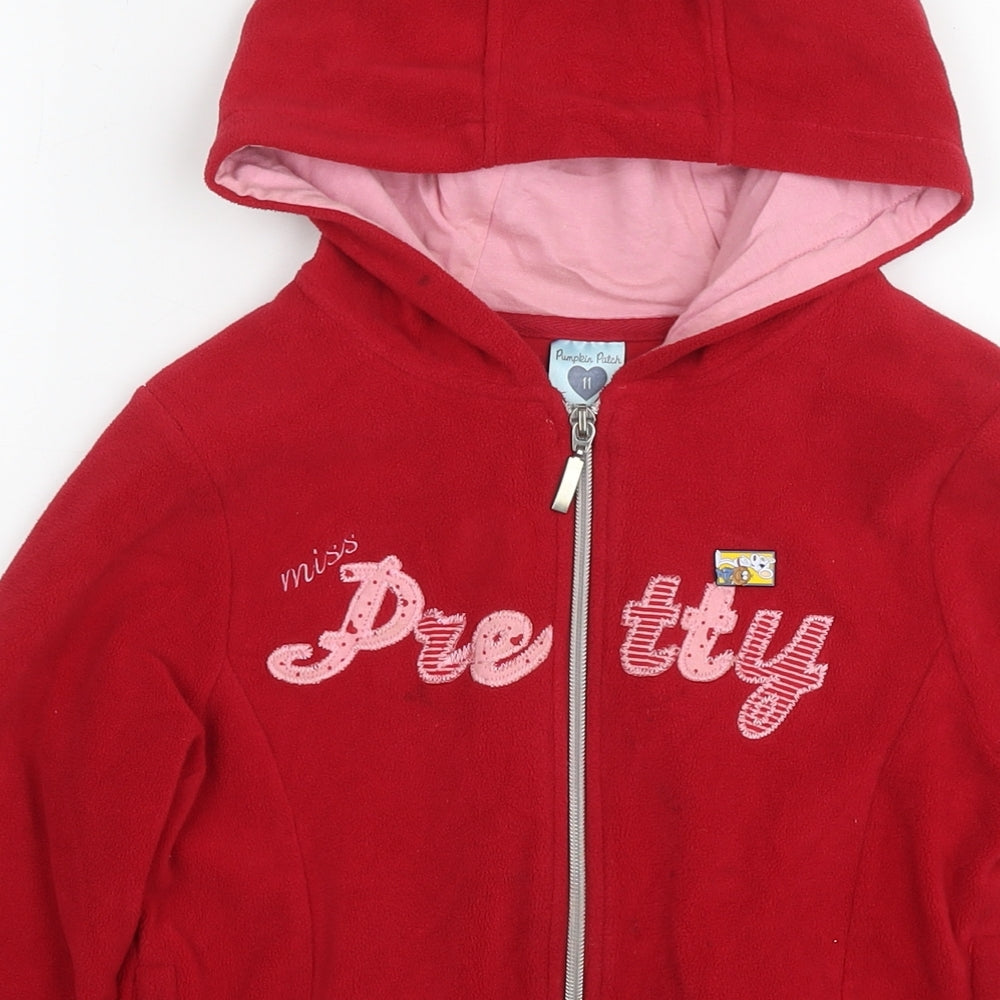 Brand and care label for Pumpkin Patch girls’ red jacket, size 11, years zip - miss pretty