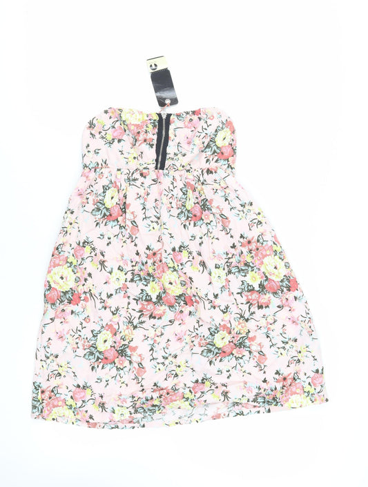 Additional front view of ICHI women’s pink floral cotton mini, size S, off the shoulder zip