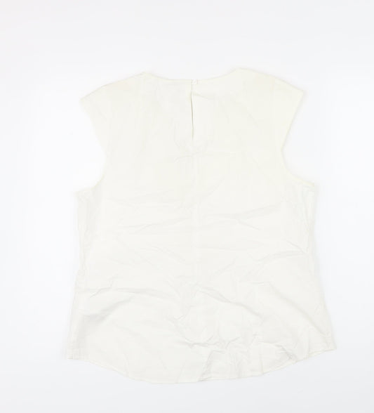 H&M Womens Ivory 100% Cotton Tunic Blouse Size 42 Scoop Neck - Beaded Detail