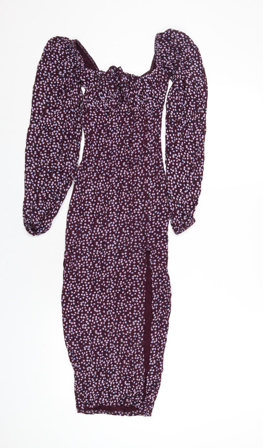 Additional front view of Missguided women’s purple floral viscose bodycon, size UK 4, square neck pullover