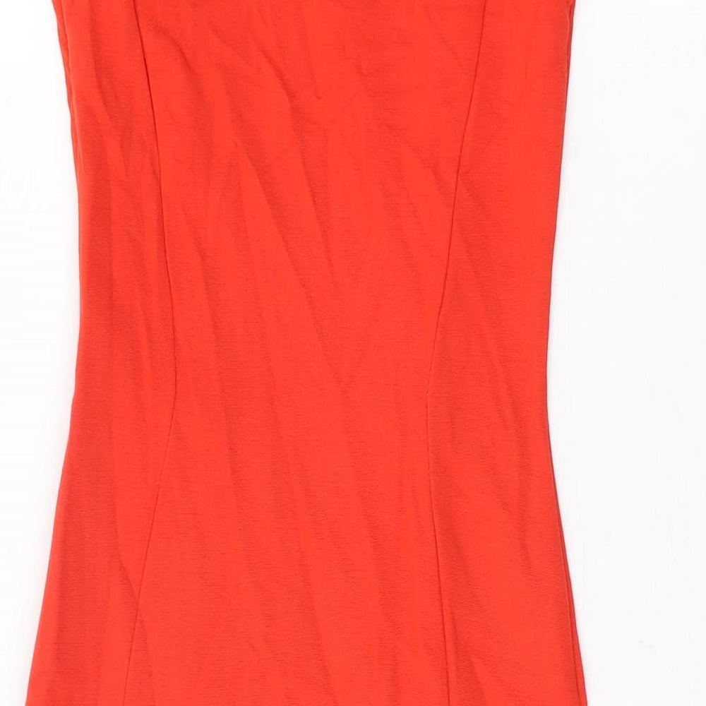 Brand and care label for ASOS women’s red viscose bodycon, size UK 8, off the shoulder zip