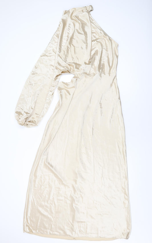 Additional front view of In the Style women’s beige polyester maxi, size UK 14, one shoulder zip