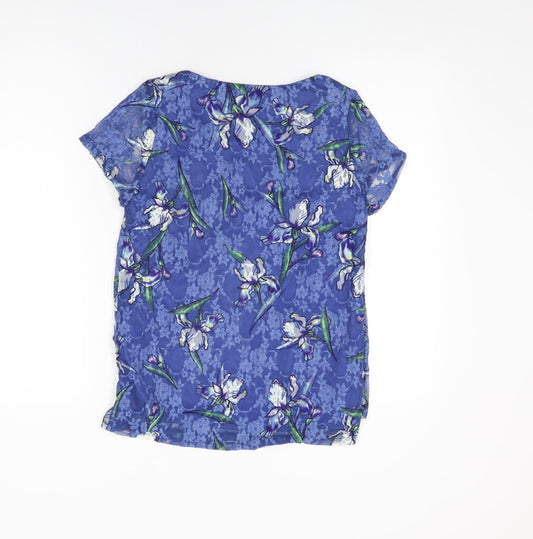 M&Co Womens Blue Floral Nylon Basic T-Shirt Size 10 Round Neck