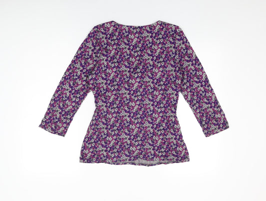 EAST Womens Purple Floral Viscose Basic T-Shirt Size 12 V-Neck