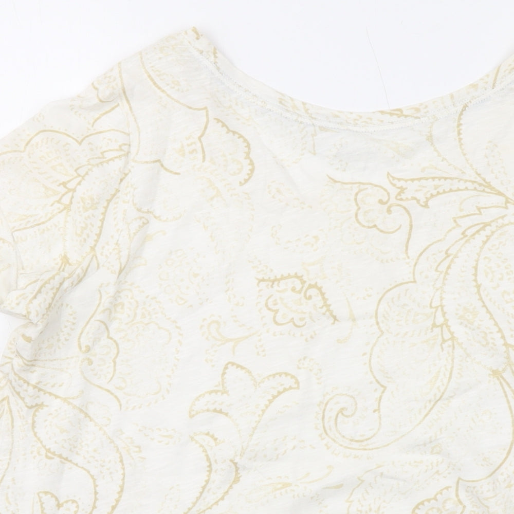 Lands' End Womens Ivory Geometric Cotton Basic T-Shirt Size M Round Neck