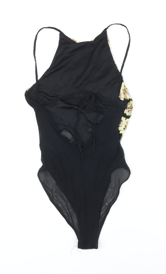 Topshop Womens Black Floral 100% Polyester Bodysuit One-Piece Size 8 Snap - Sequin detail