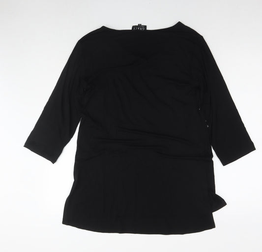 Grace Womens Black Viscose Tunic Blouse Size 12 Round Neck - Embellishment Detail