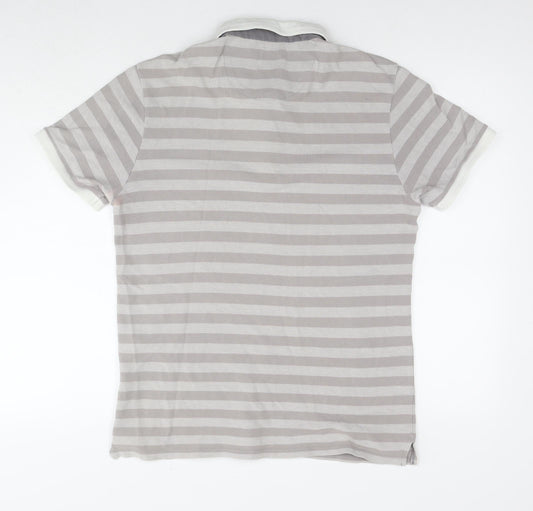 Zara Mens Grey Striped Cotton Polo Size L Collared Pullover