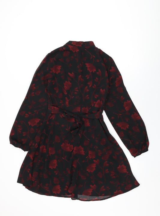 Apricot Womens Black Floral Polyester Skater Dress Size 8 Round Neck Zip