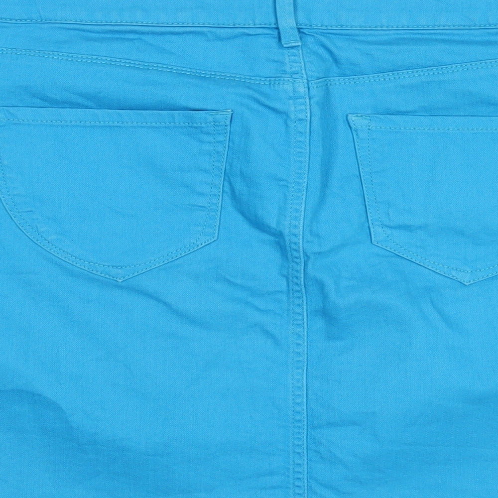 Brand and care label for Mexx women’s blue cotton a-line skirt, size UK 41, in zip