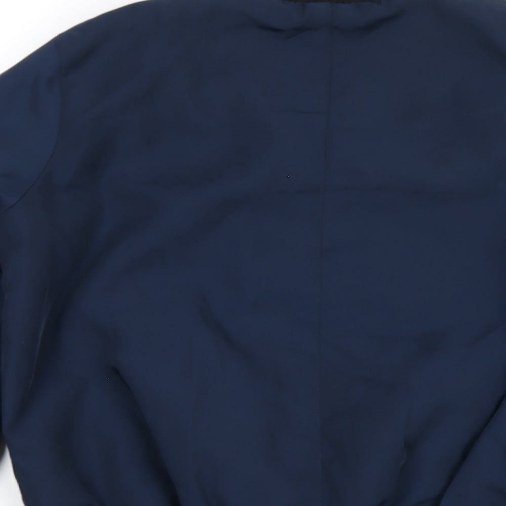 Brand and care label for Miss Selfridge women’s blue bomber jacket coat, size UK 4, zip