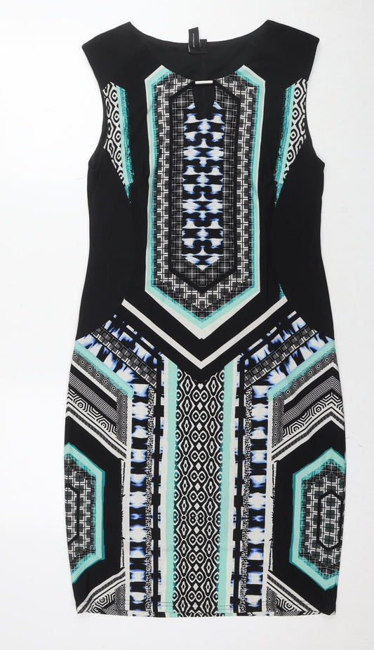 Additional front view of Izabel women’s black geometric polyester a-line, size UK 14, round neck pullover