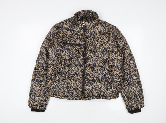 Select Womens Brown Animal Print Quilted Coat Size 8 Zip