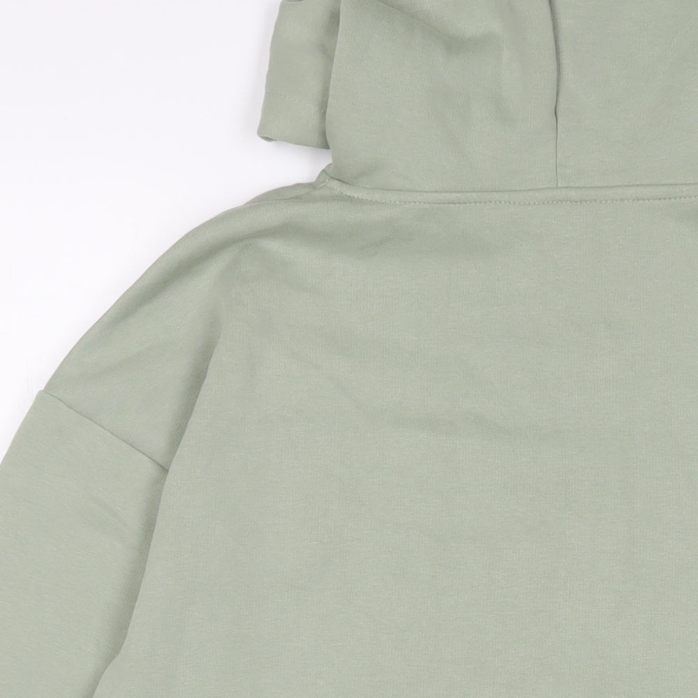Brand and care label for Miss Selfridge women’s green cotton pullover hoodie, size S, pullover