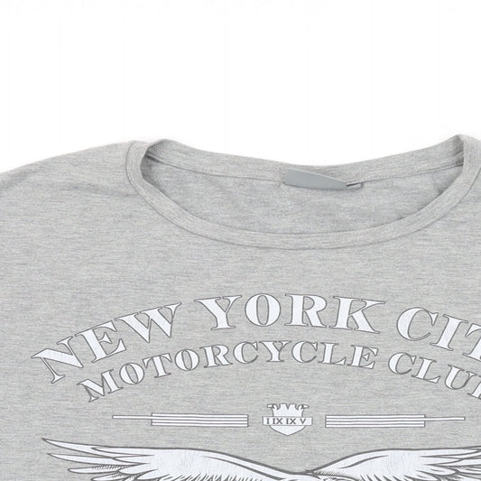 Close-up detail of b.young women’s grey viscose basic t-shirt, size XS, round neck - nyc motorcycle club