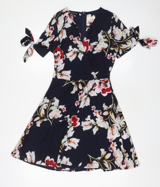 Parisian Signature Womens Blue Floral Polyester A-Line Size 8 V-Neck Zip