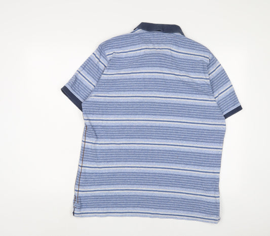 NORTH COAST' Mens Blue Striped Cotton Polo Size L Collared Button