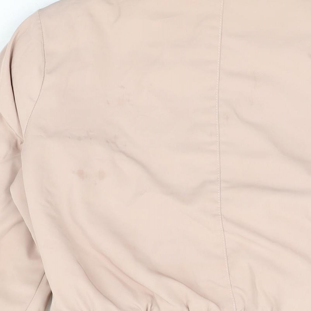 Brand and care label for Miss Selfridge women’s pink bomber jacket coat, size UK 10, zip