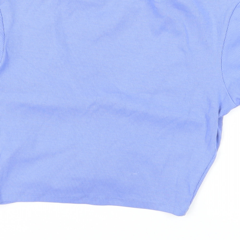 Zara Womens Blue Cotton Cropped T-Shirt Size M V-Neck - Ruched Detail