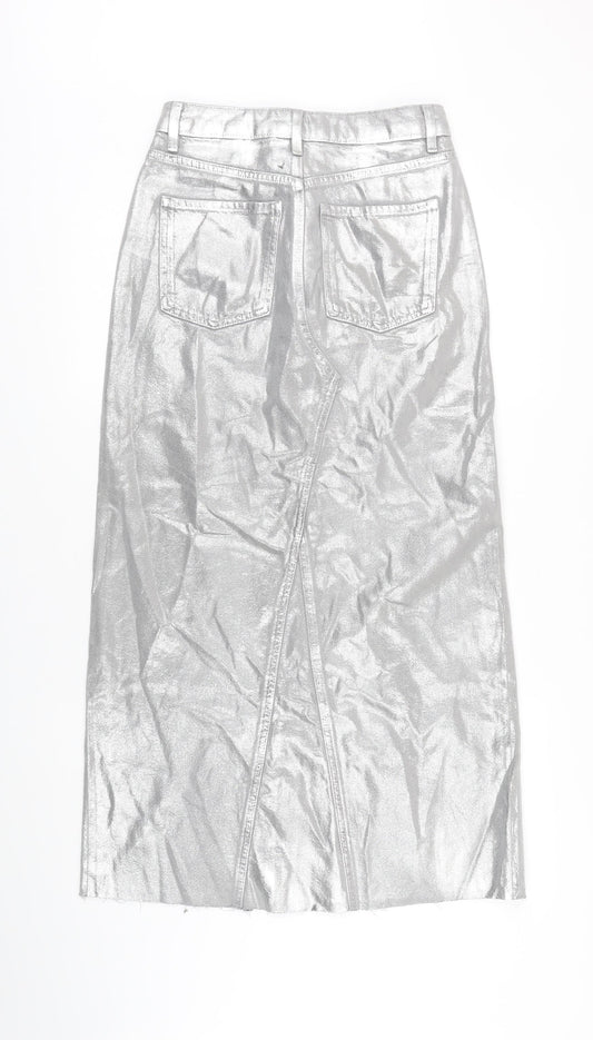 M&S Womens Silver Cotton Blend Maxi Skirt Size 8 Zip - Raw Hem Detail
