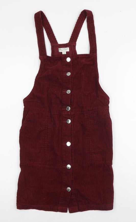 Additional front view of Miss Selfridge women’s red cotton pinafore/dungaree dress, size UK 6, square neck button