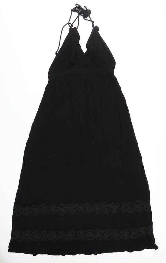 Additional front view of Miss Selfridge women’s black viscose a-line, size UK 12, halter tie