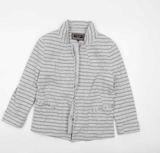 Additional front view of Principles women’s grey striped jacket, size UK 14, hook & eye