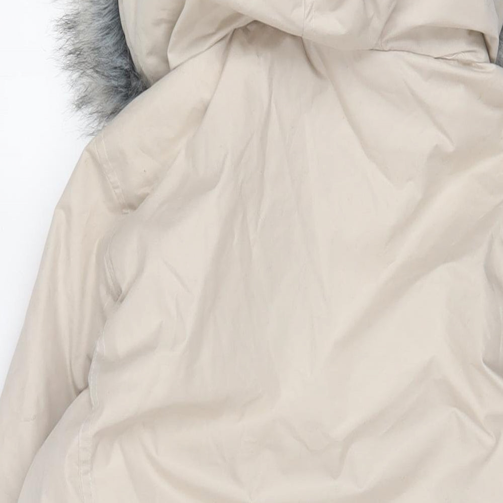 Brand and care label for Atlas women’s beige parka coat, size UK 8, zip