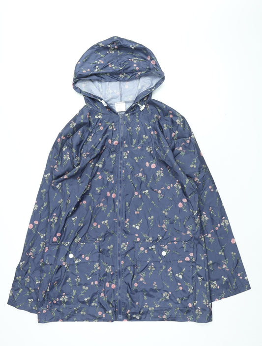 Additional front view of Anne De Lancay women’s blue floral rain coat coat, size M, zip