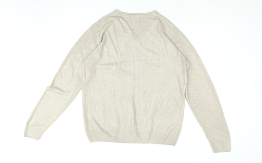 Easy Mens Beige V-Neck Acrylic Pullover Jumper Size M Long Sleeve