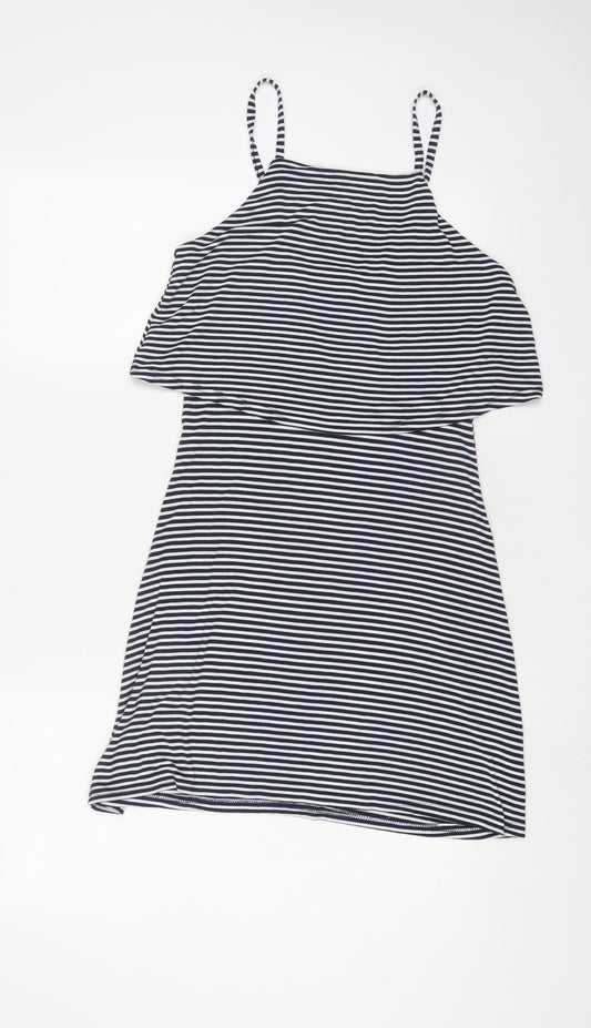 Additional front view of Miss Selfridge women’s black striped viscose a-line, size UK 10, square neck pullover