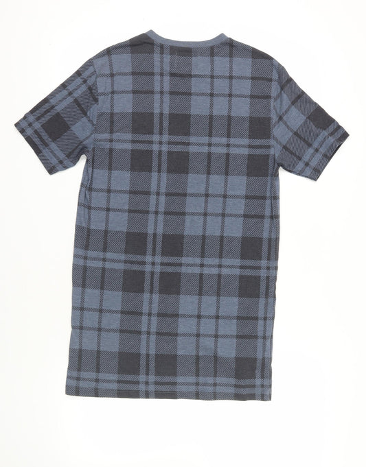 Topman Mens Blue Plaid Cotton T-Shirt Size XS Crew Neck