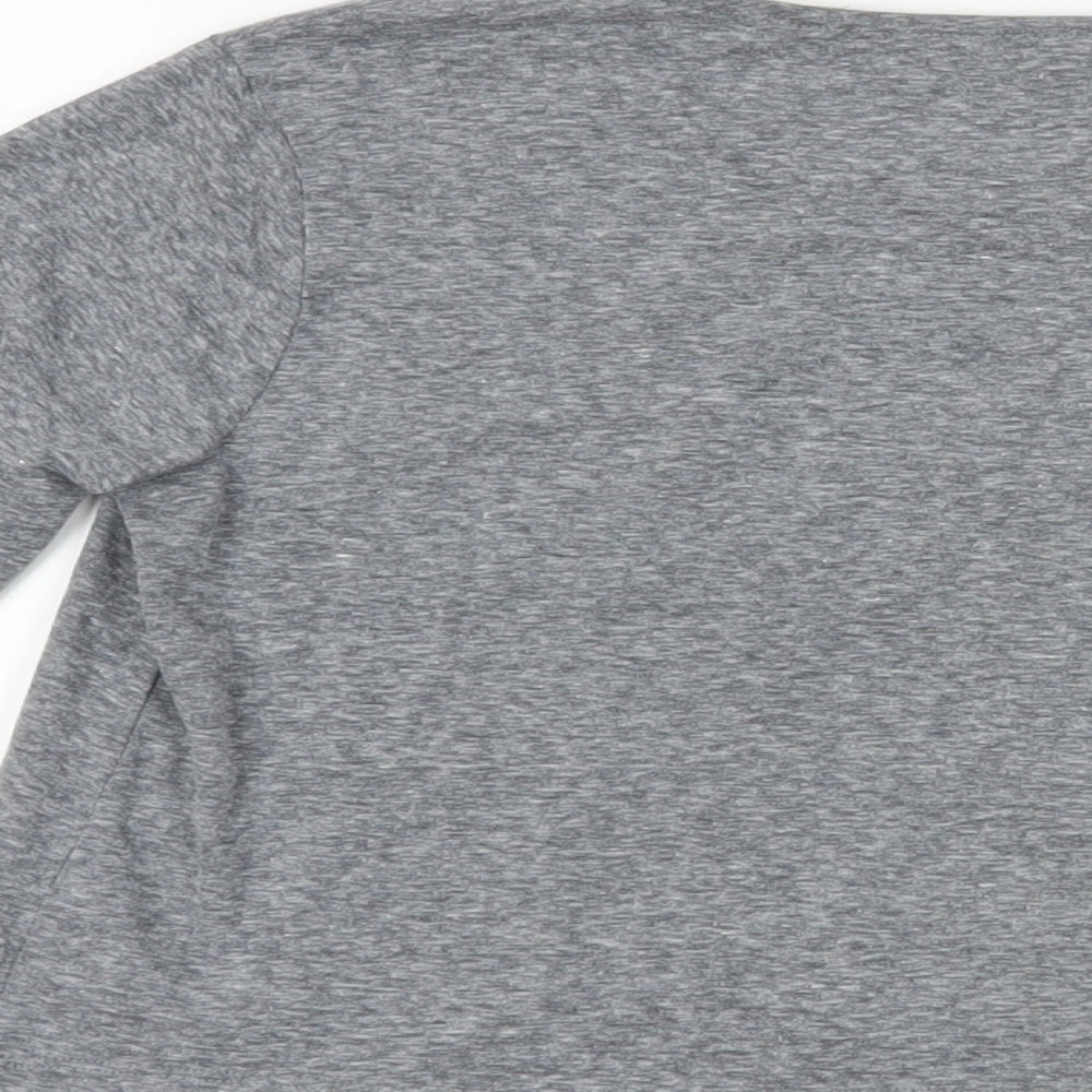 Brand and care label for Next girls’ grey polyester pullover t-shirt, size 10, years crew neck pullover - ruffle detail