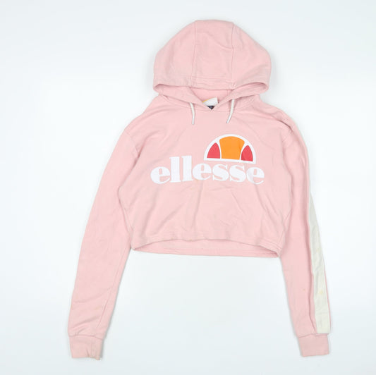 Additional front view of Ellesse women’s pink cotton pullover hoodie, size UK 6, pullover - logo