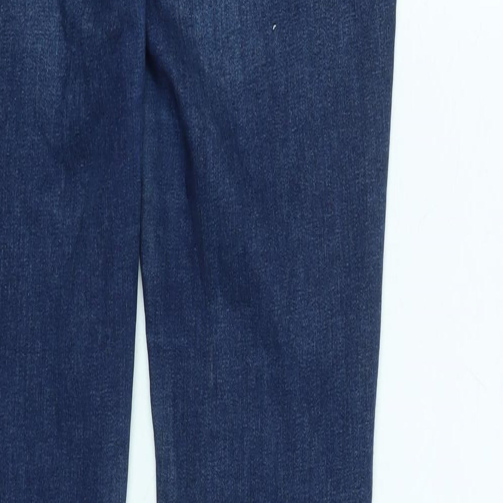 Brand and care label for C&A women’s blue cotton blend skinny jeans, size UK 28, in, 30-inch leg regular zip