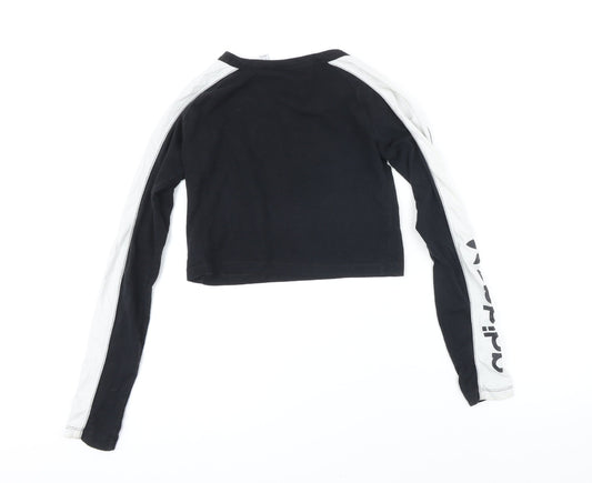 Back view of Addidas women’s black colourblock cotton pullover sweatshirt, size UK 6, pullover - addidas logo. cropped