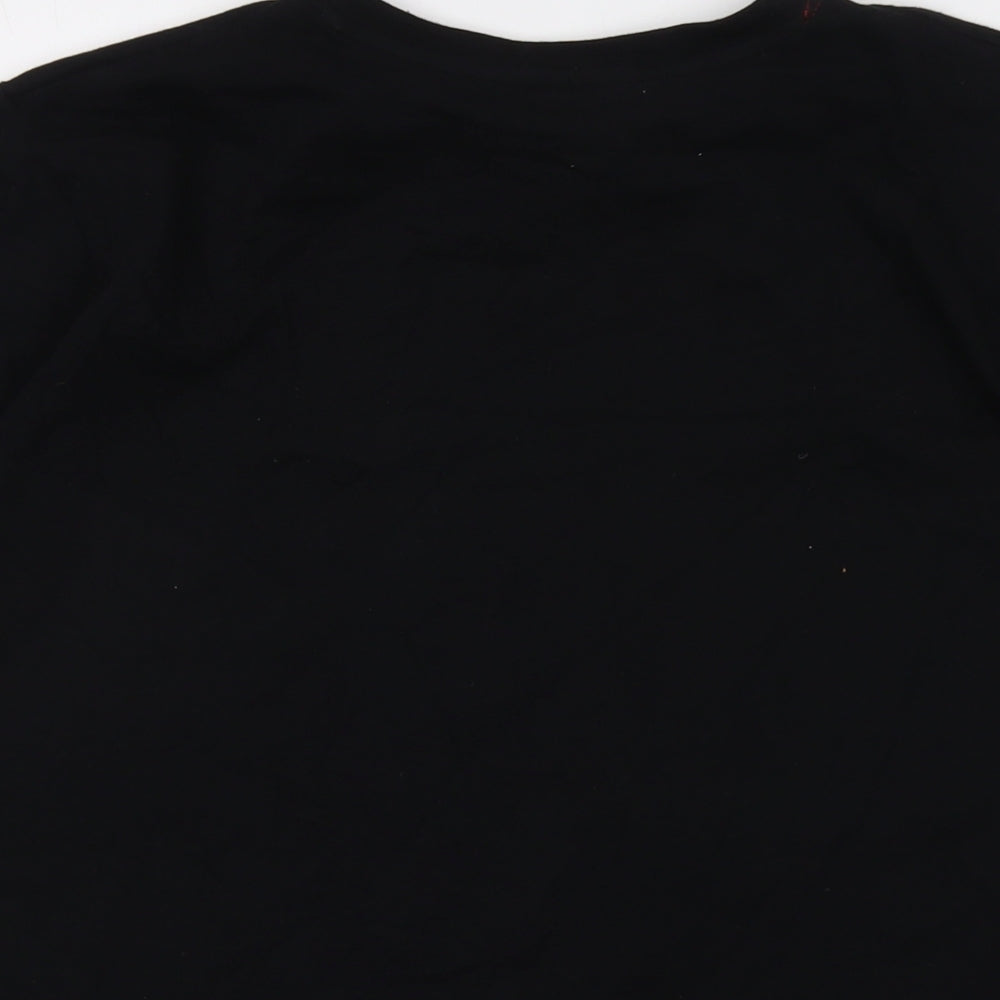 Brand and care label for Stranger Things boys’ black cotton basic t-shirt, size 14-15, years crew neck pullover - logo