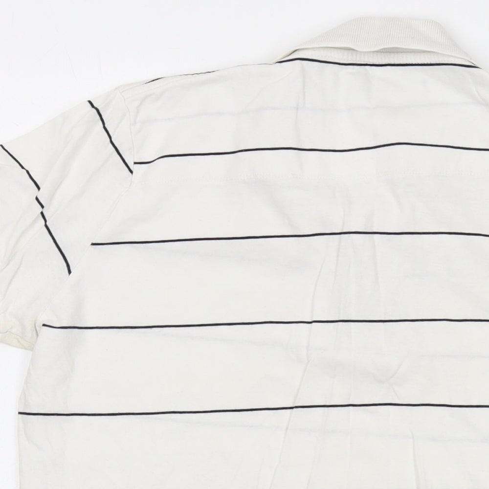 Brand and care label for French Connection women’s white striped cotton basic polo, size M, collared