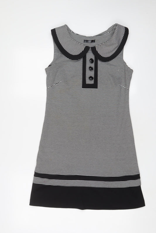 Additional front view of Dunnes women’s black striped polyester a-line, size UK 10, scoop neck pullover - buttons