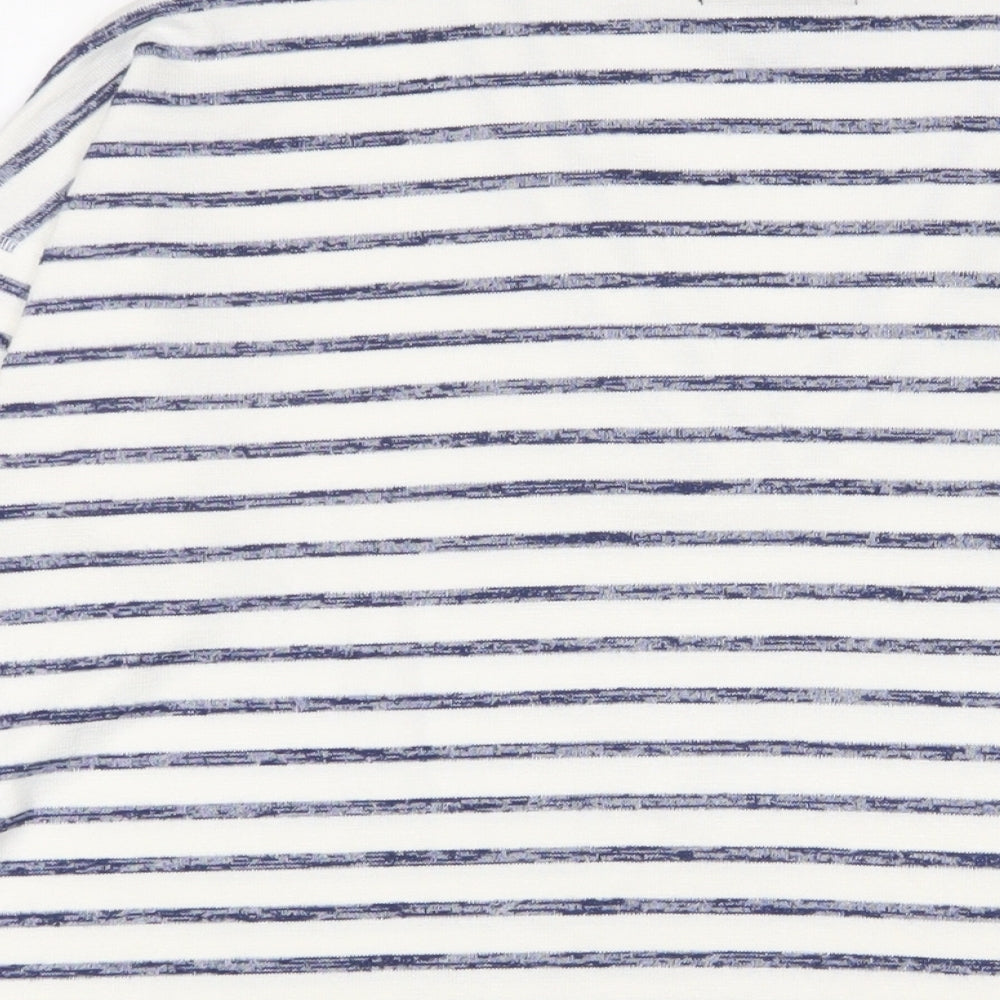 Brand and care label for Kirkland women’s white v-neck striped viscose jumper, size M