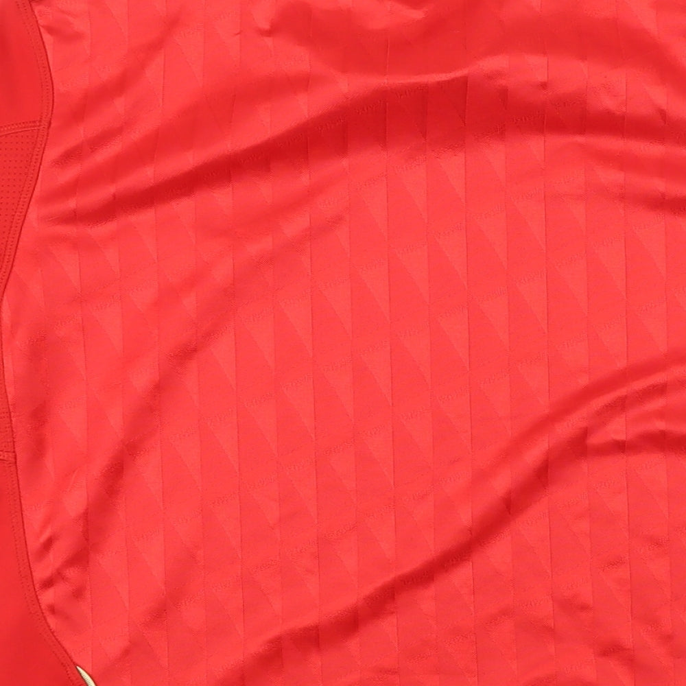 Brand and care label for Addidas boys’ red polyester basic t-shirt, size 11-12, years round neck pullover - liverpool fc
