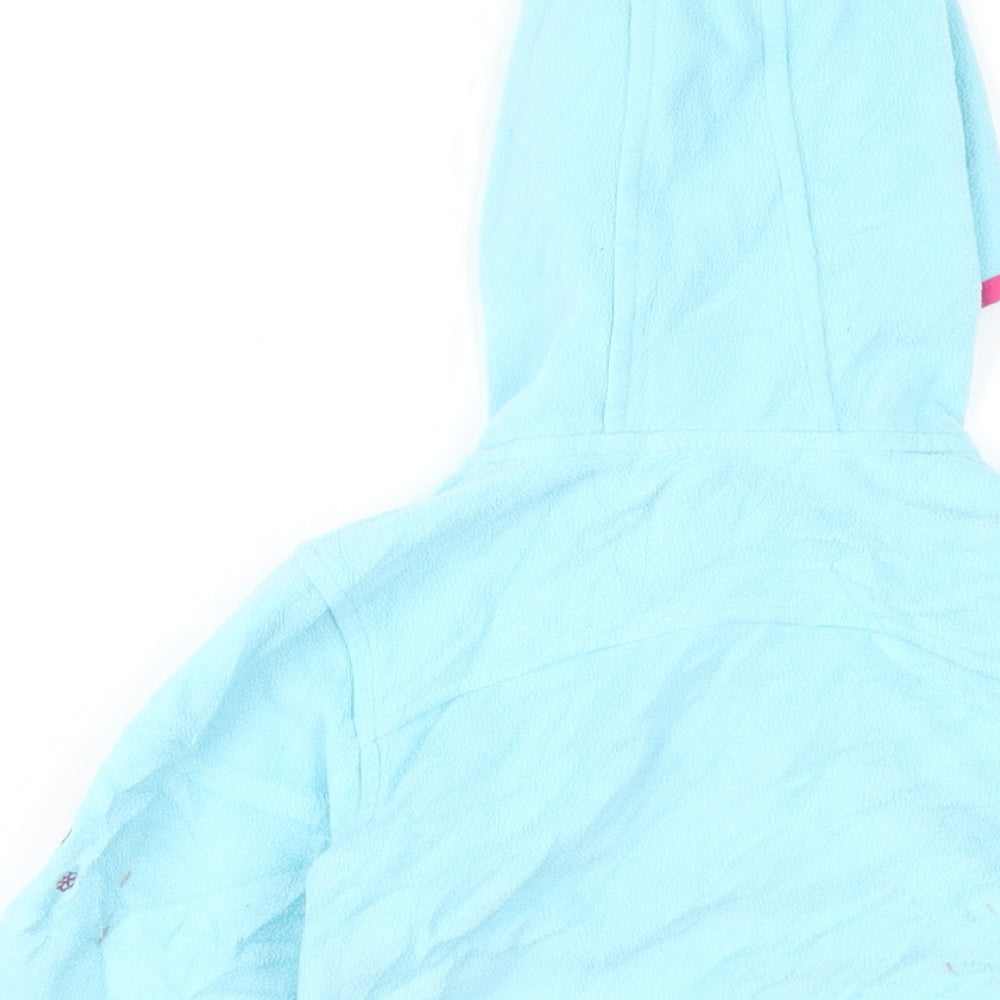 Brand and care label for Hi Gear girls’ blue jacket, size 3-4, years zip
